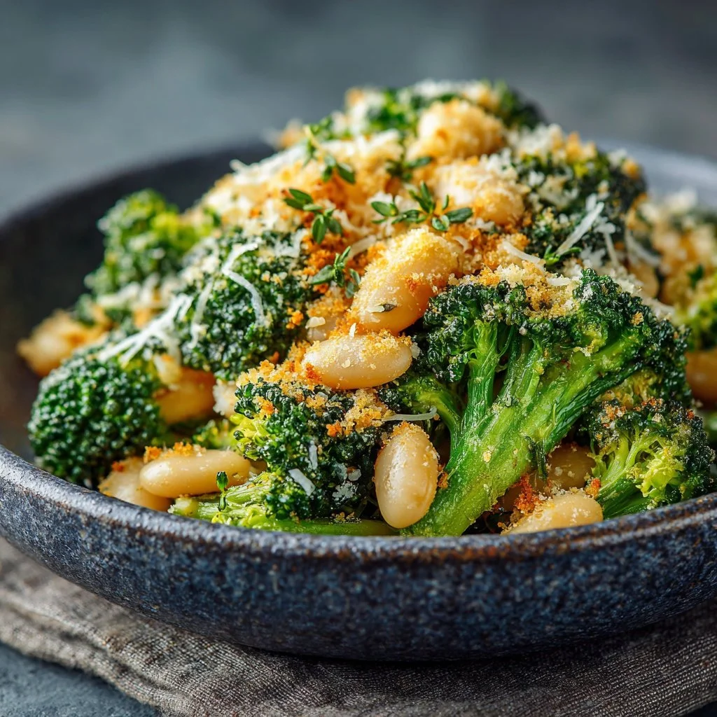 Broccoli Cheddar Beans with Crispy Cheddar Panko