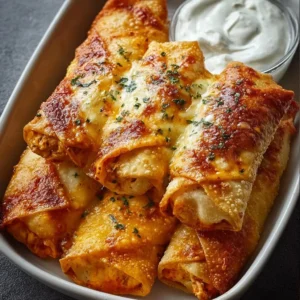 Crispy Buffalo Chicken Egg Rolls served with dipping sauce
