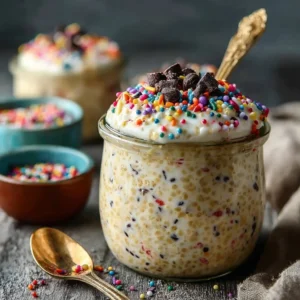 Delicious cake batter overnight oats topped with colorful sprinkles in a jar.