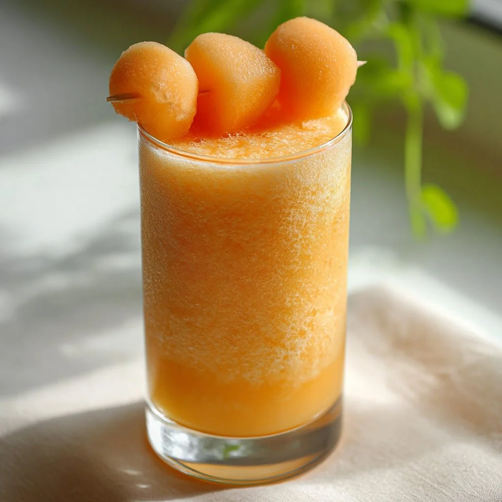 Delicious cantaloupe smoothie in a glass with fresh fruit