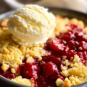 Delicious cherry dump cake served on a plate with a scoop of ice cream