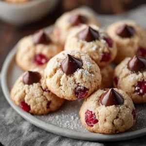 Freshly baked Cherry Kiss Cookies topped with cherry filling and chocolate kisses