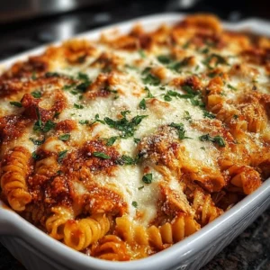 Delicious Chicken Parmesan Casserole topped with cheese and herbs.