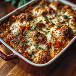 Delicious Chicken Parmesan Casserole topped with melted cheese and marinara sauce