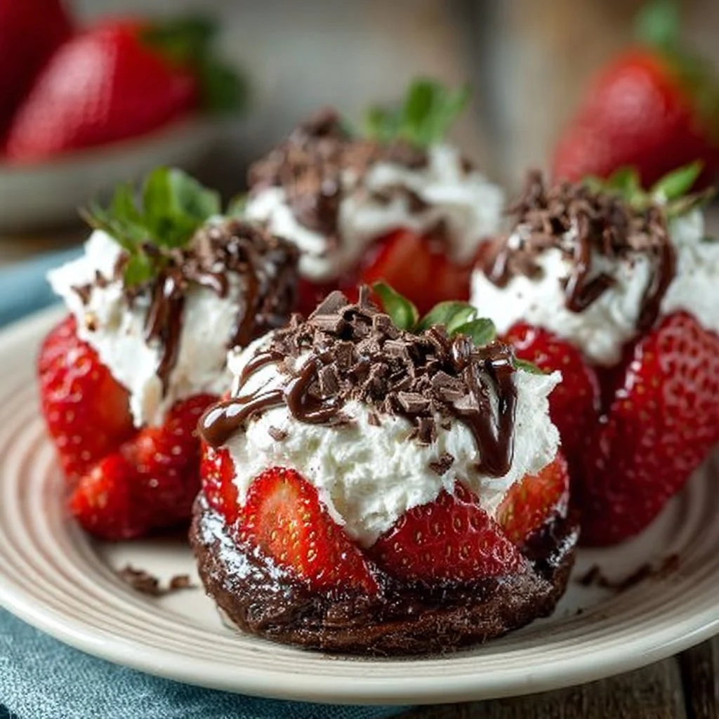 Chocolate cheesecake stuffed strawberries on a white plate garnished with mint