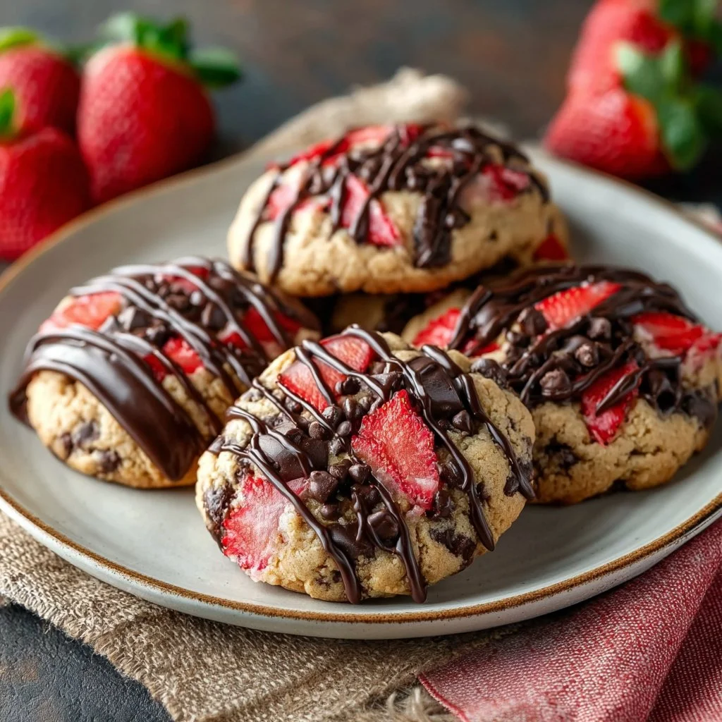 Delicious Chocolate Covered Strawberry Cookies on a plate