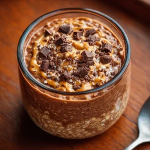 Delicious chocolate peanut butter overnight oats topped with chocolate chips