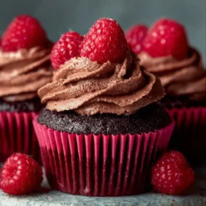 Delicious chocolate raspberry cupcakes topped with fresh raspberries and chocolate icing.