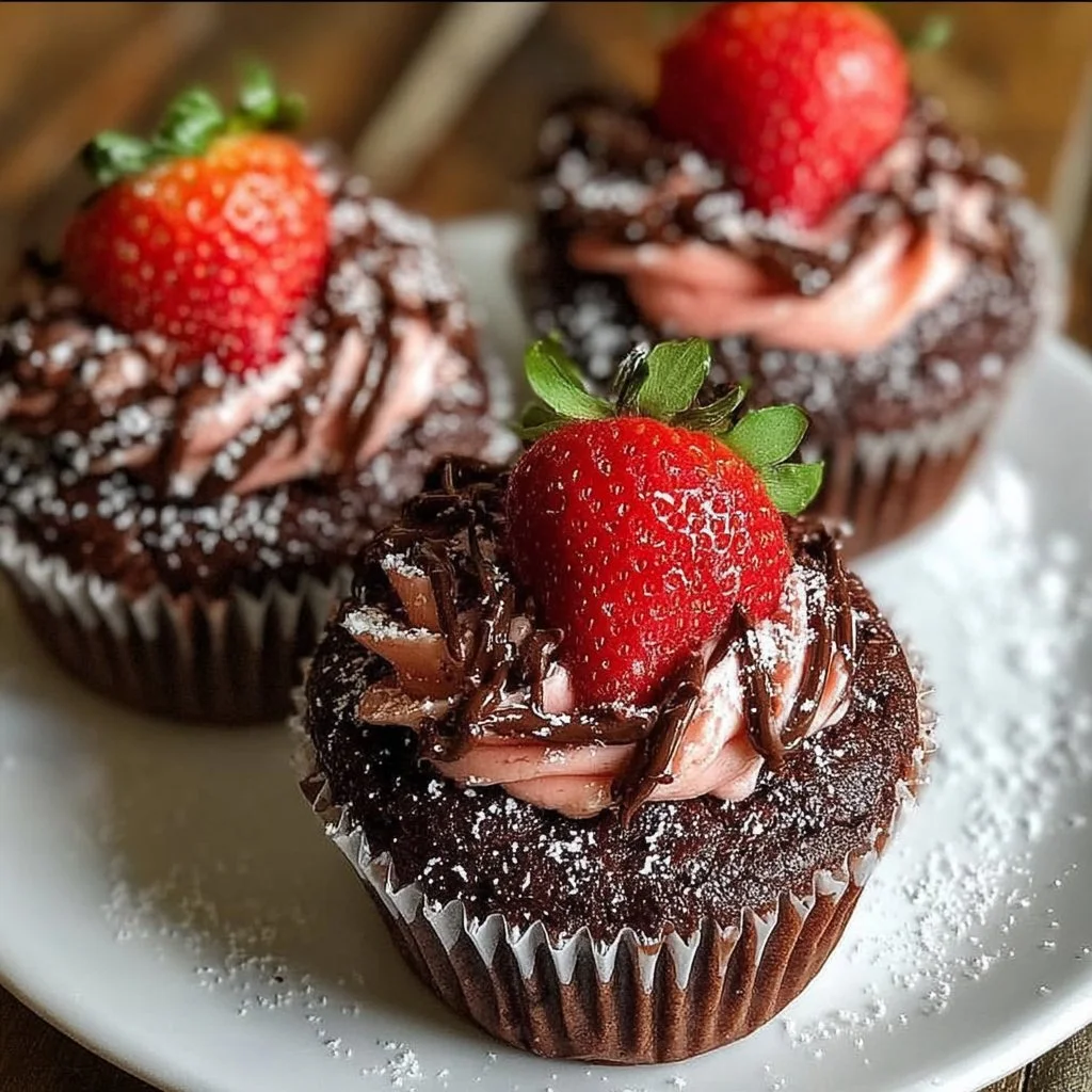 Delicious Chocolate Strawberry Cupcakes topped with fresh strawberries and chocolate frosting.