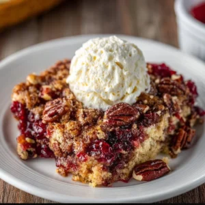 Delicious Christmas Dump Cake topped with whipped cream and festive decorations