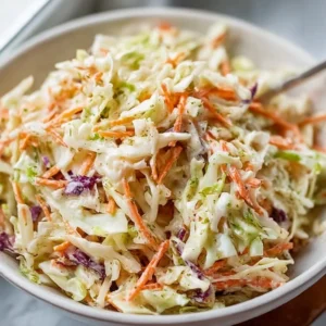 Bowl of classic coleslaw with fresh shredded cabbage and carrots