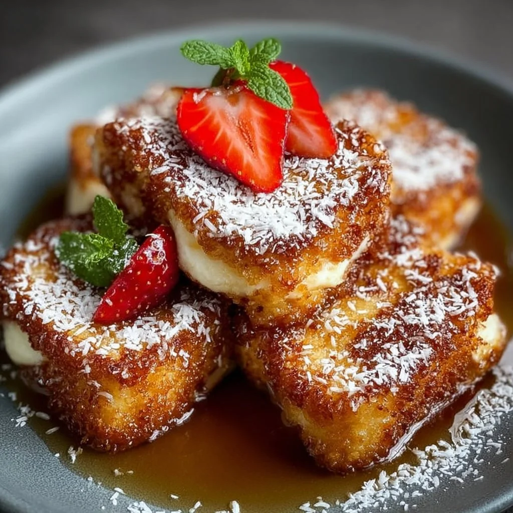 A plate of Coconut Crusted French Toast topped with fresh fruit and syrup