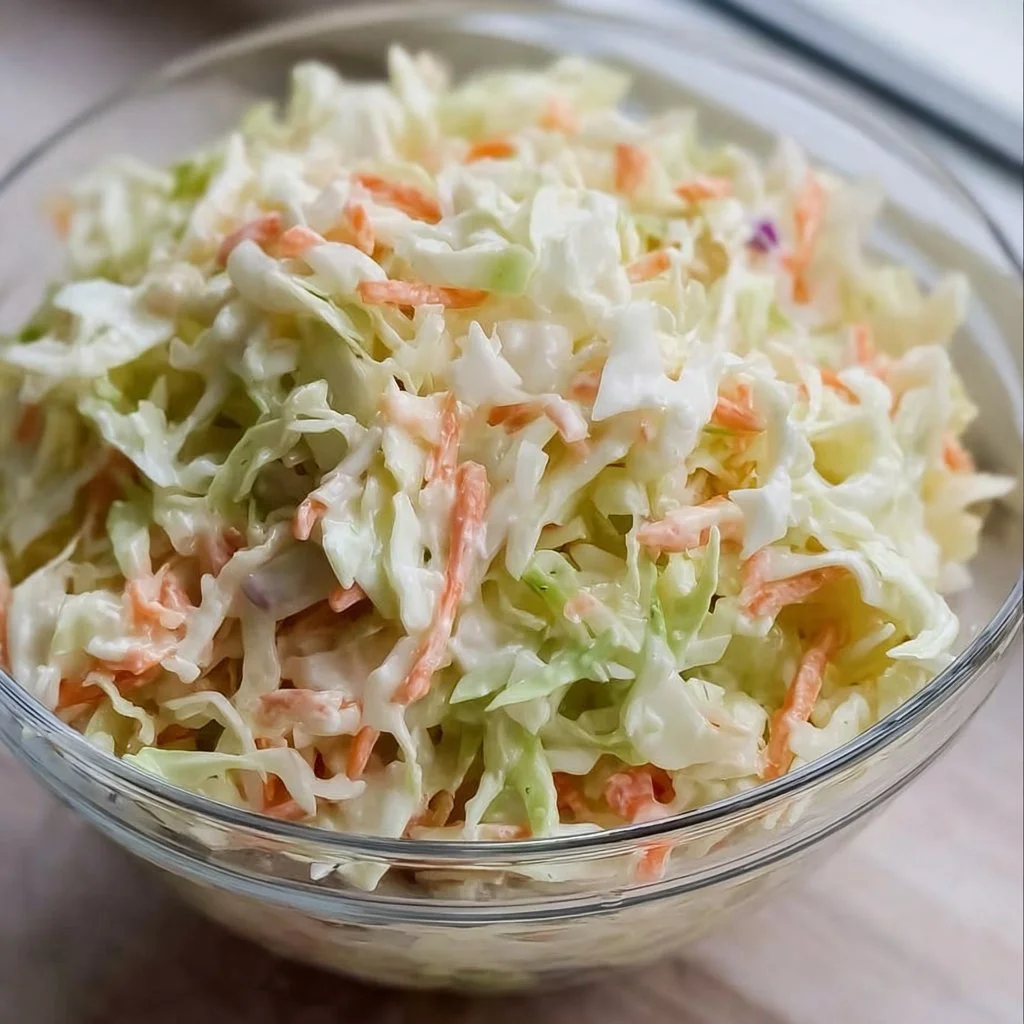Fresh coleslaw salad served in a bowl with colorful vegetables and dressing