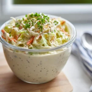 Homemade coleslaw dressing in a bowl with fresh vegetables