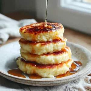 Delicious cottage cheese pancakes stacked on a plate with syrup