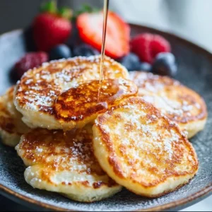 Fluffy cottage cheese pancakes stacked with syrup and berries.