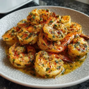 Plate of Cowboy Butter Shrimp garnished with herbs and spices