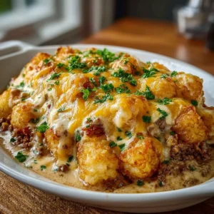 Delicious Cowboy Casserole served in a baking dish with toppings
