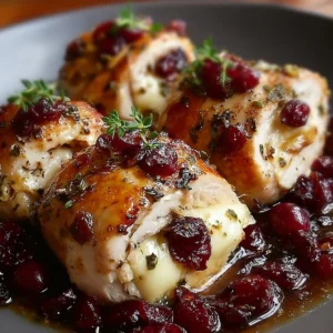 Cranberry Brie Stuffed Chicken served on a plate with fresh herbs.
