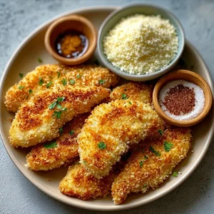 Crispy baked chicken breast tenders on a plate