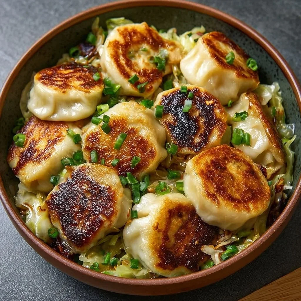 Plate of crispy pan-fried cabbage served with savory noodle buns