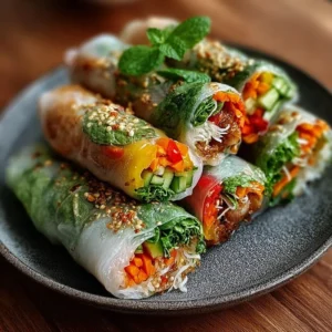 Crispy rice paper spring rolls filled with fresh vegetables and herbs