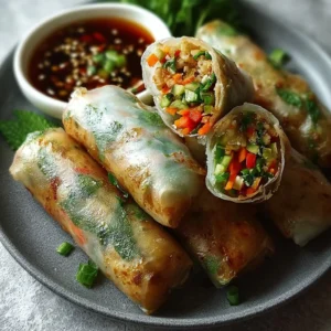Crispy rice paper spring rolls with fresh vegetables and herbs