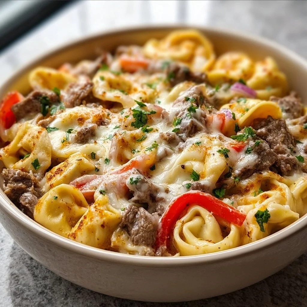 Crock Pot cheesesteak tortellini served in a bowl with cheese and herbs