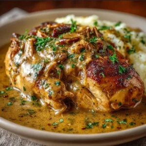 Crockpot Chicken and Gravy served with mashed potatoes and vegetables