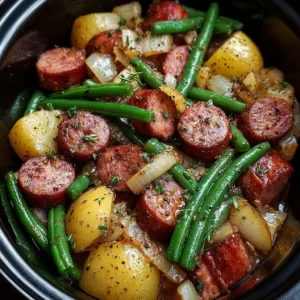 Crockpot Sausage and Green Beans dish served in a bowl