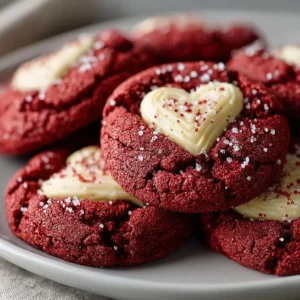 Freshly baked red velvet cookies with cream cheese frosting on top.