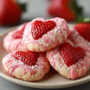 Freshly baked Valentine Strawberry Cookies decorated with heart shapes.