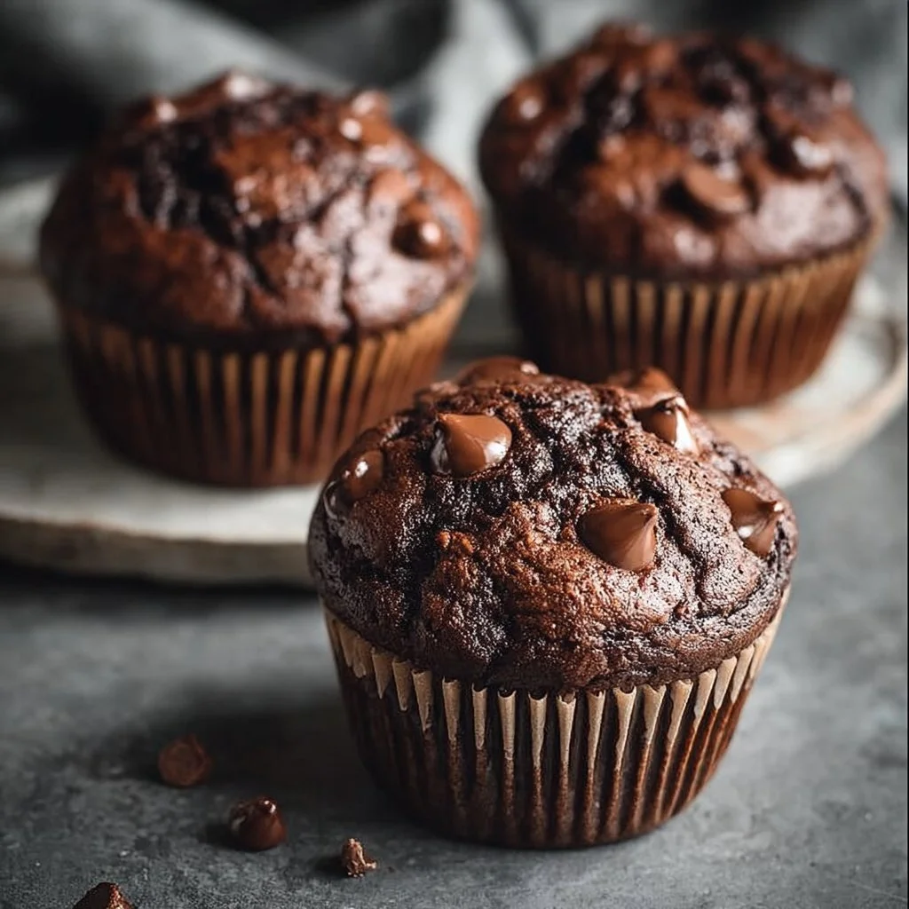 Delicious double chocolate espresso muffins fresh out of the oven.