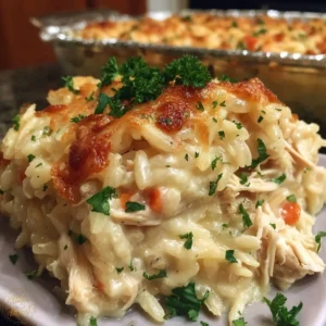 Dump-and-Bake Chicken Alfredo Rice Casserole with creamy sauce and chicken