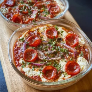 Delicious high protein cottage cheese pizza bowl topped with fresh ingredients.
