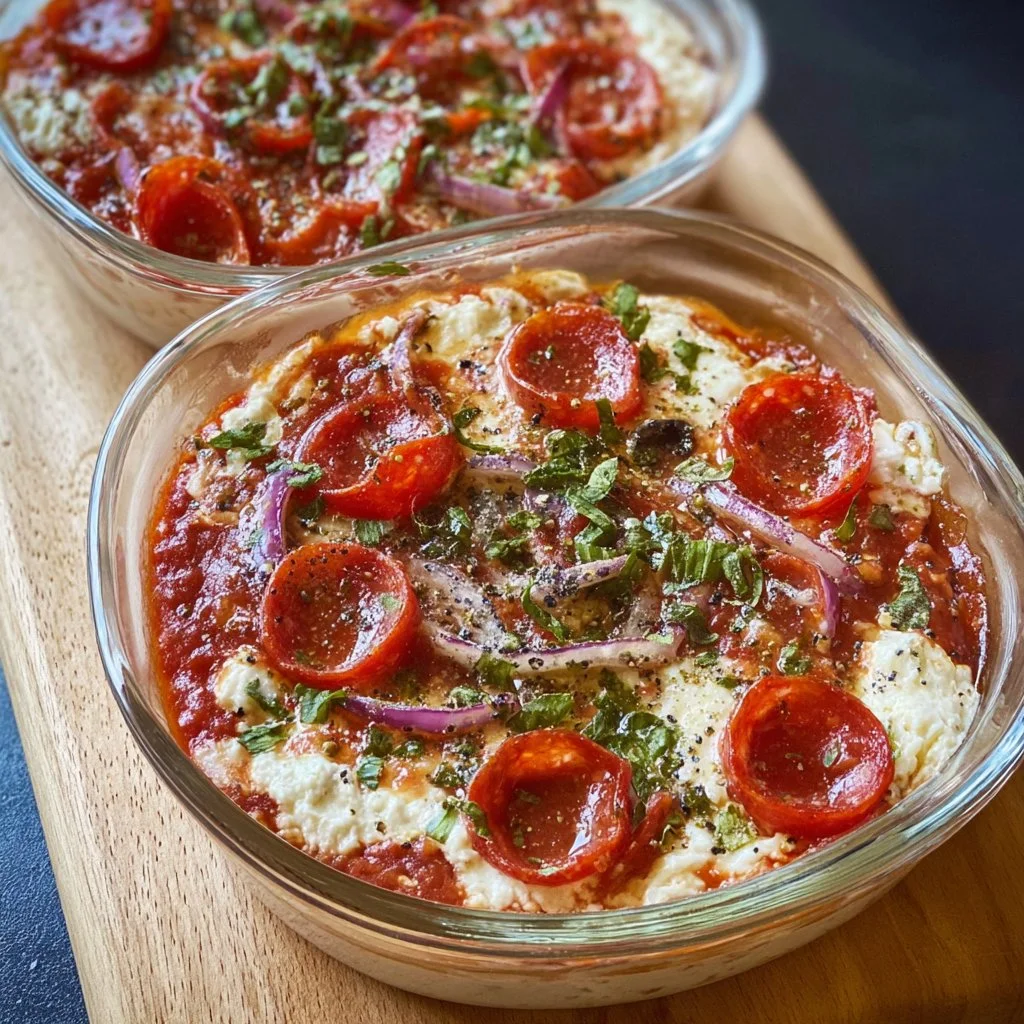 Delicious high protein cottage cheese pizza bowl topped with fresh ingredients.