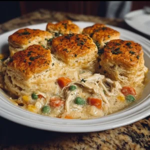 Easy homemade chicken pot pie casserole topped with golden flaky crust