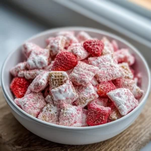 Fluffy Strawberry Shortcake Puppy Chow dessert treat with strawberries and cream