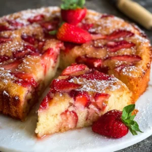 Delicious French strawberry cake topped with fresh strawberries and cream