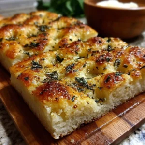 Garlic Parmesan Focaccia bread topped with fresh herbs and seasonings.