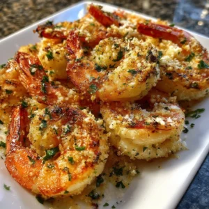 Delicious Garlic Parmesan Roasted Shrimp garnished with fresh herbs.