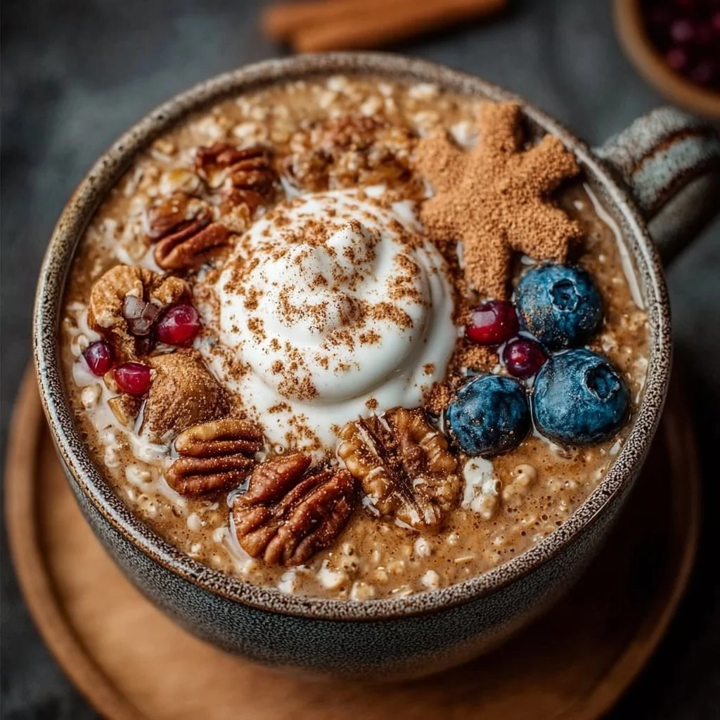 Bowl of gingerbread overnight oats topped with spices and nuts