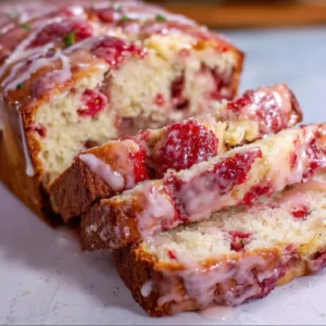 Freshly baked glazed strawberry bread topped with sweet glaze and strawberries