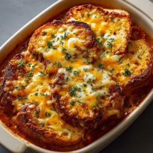 Delicious grilled cheese casserole with creamy tomato soup topping