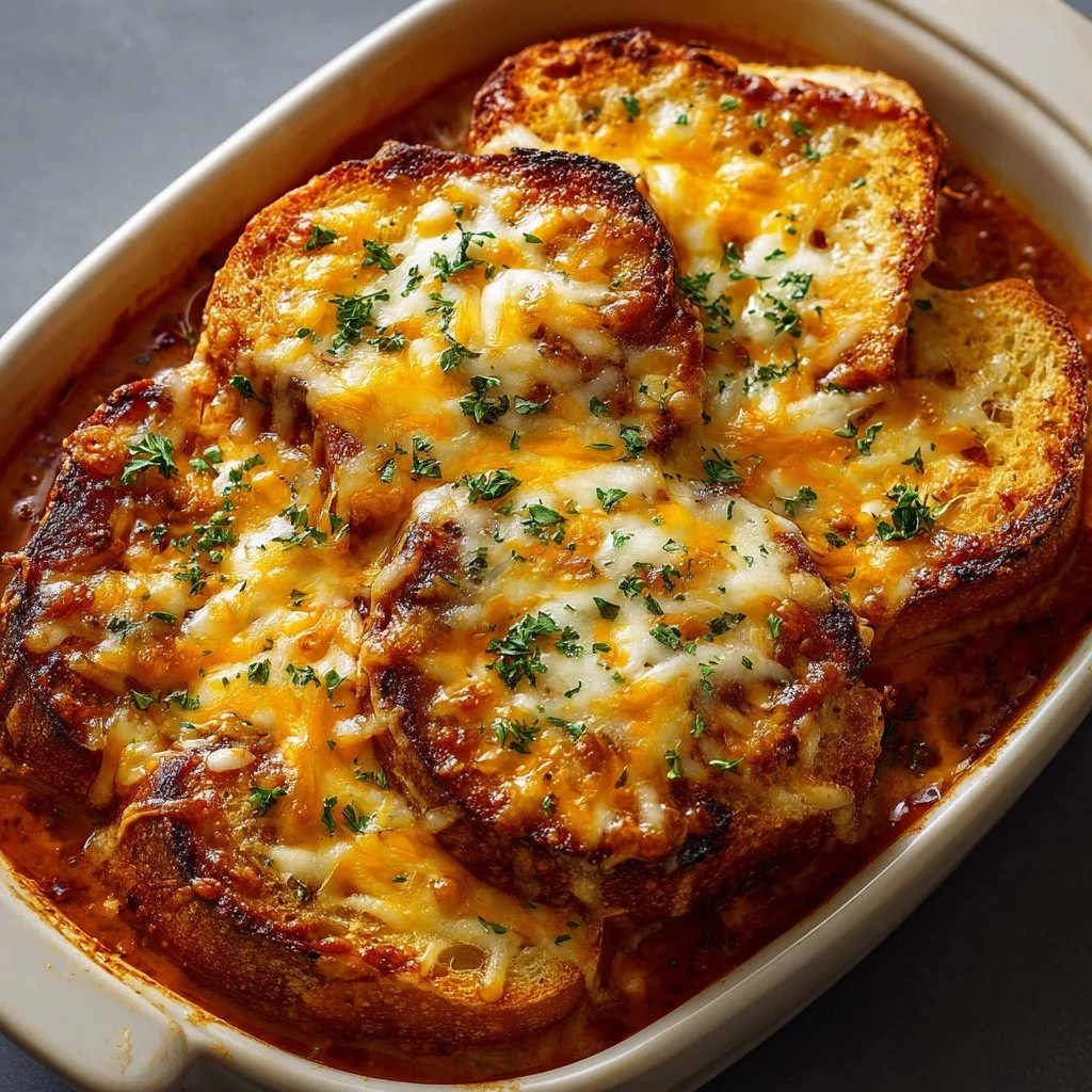 Delicious grilled cheese casserole with creamy tomato soup topping