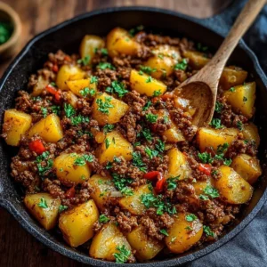 Delicious ground beef and potatoes dish ready to serve.