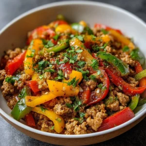 Ground turkey dish with colorful bell peppers served on a rustic wooden table.