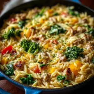 Plate of Ground Turkey Orzo garnished with herbs and served with vegetables
