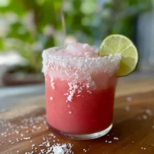 Delicious Guava Coconut Margarita served in a glass with tropical garnishes