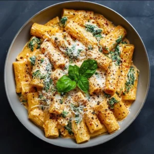 Healthy cottage cheese rigatoni served with fresh herbs and vegetables